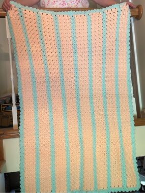 Green and peach home stitched afghan
